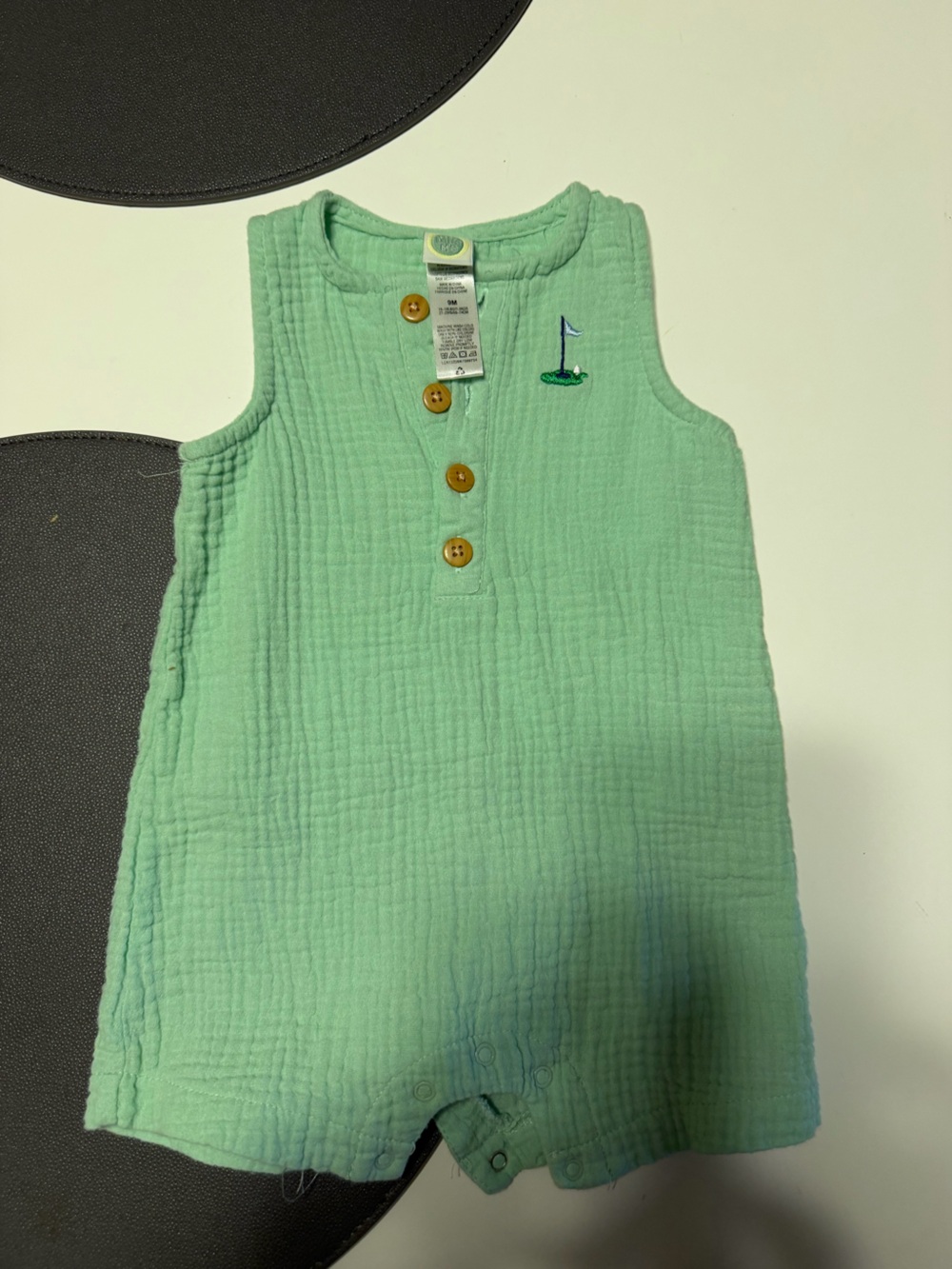 Little Me Mint Green Sleeveless Cotton Romper with Wood Buttons